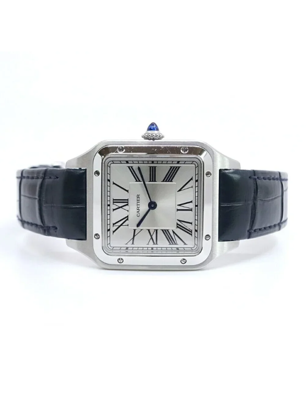 Cartier Santos Dumont LM Watch SS Silver Quartz Leather Box Card